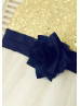 Gold Sequin Ivory Tulle With Navy Blue Flower Sash Knee Length Flower Girl Dress